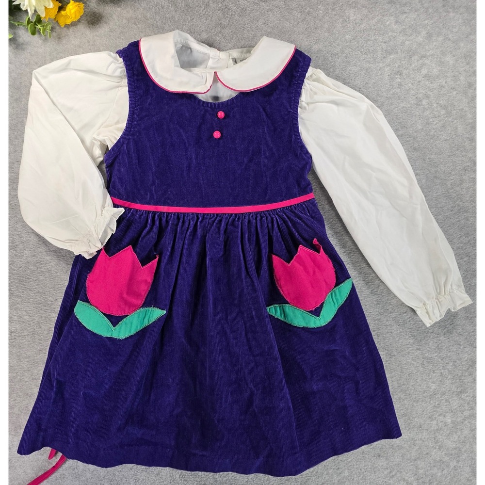 Vintage 90s Corduroy Tulip Jumper Dress Girls 5 Purple Tulip Peter Pan Collar